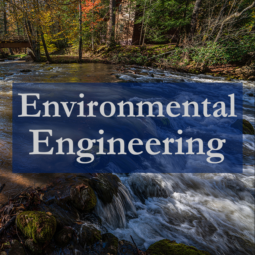 A flowing river in a forest with 'Environmental Engineering' text overlay.