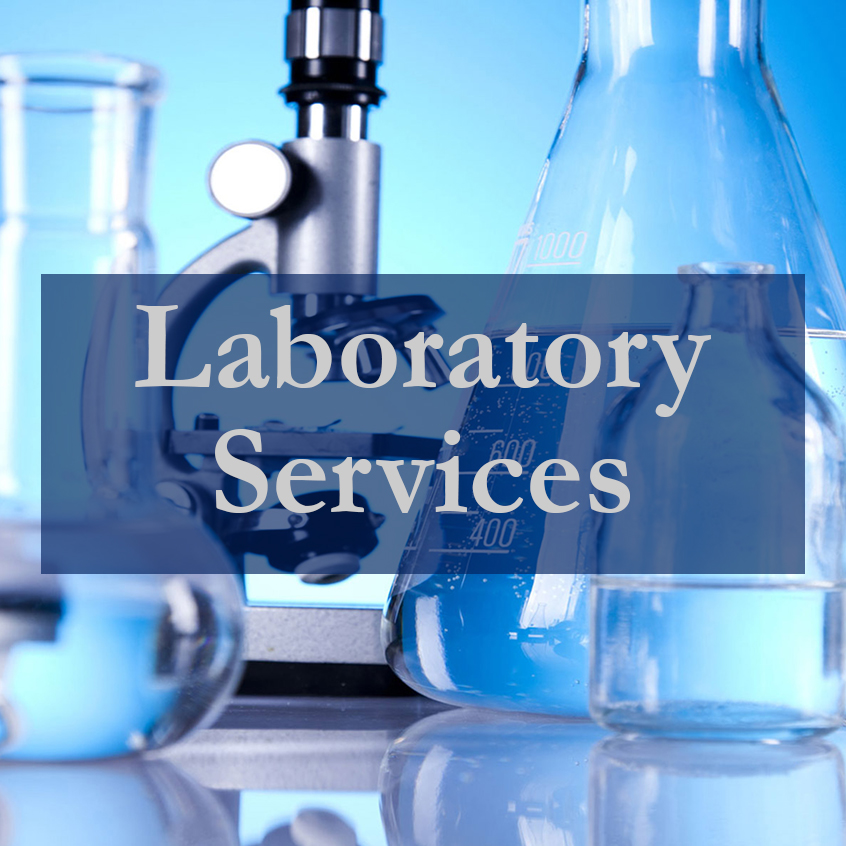 Microscope and laboratory glassware with 'Laboratory Services' text overlay.
